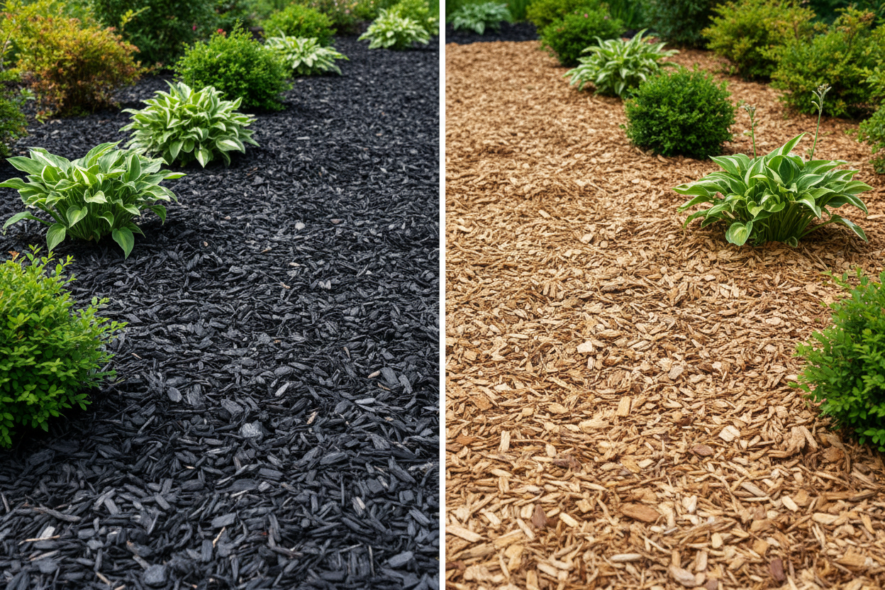 Black mulch and natural wood chips used in Calgary landscaping around flower beds and garden pathways