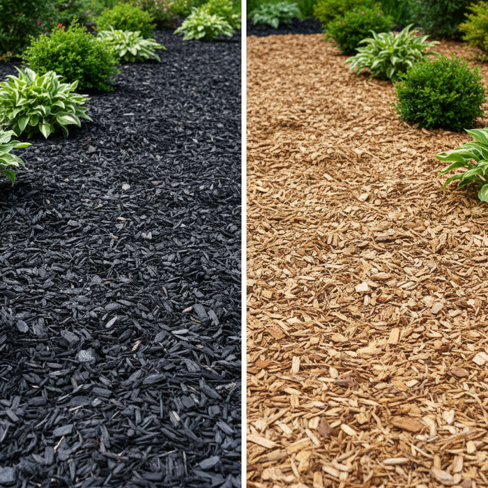 Black mulch and natural wood chips used in Calgary landscaping around flower beds and garden pathways