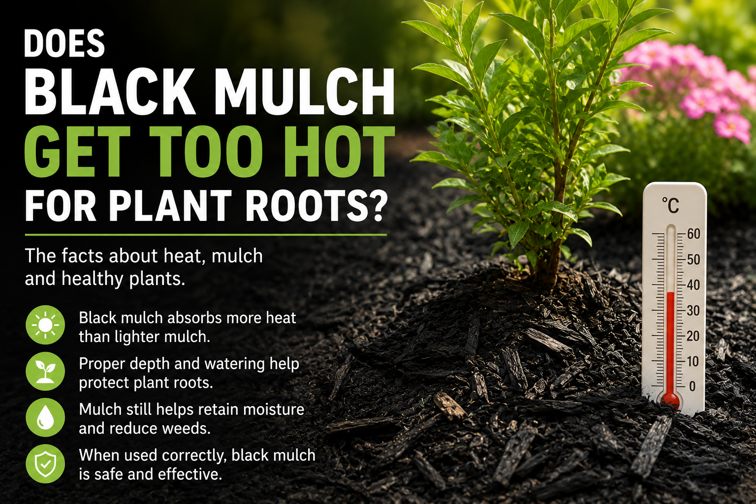Black mulch in a Calgary garden bed with plants and sunlight showing how mulch affects soil temperature and moisture retention