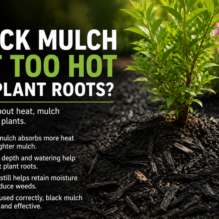 Black mulch in a Calgary garden bed with plants and sunlight showing how mulch affects soil temperature and moisture retention
