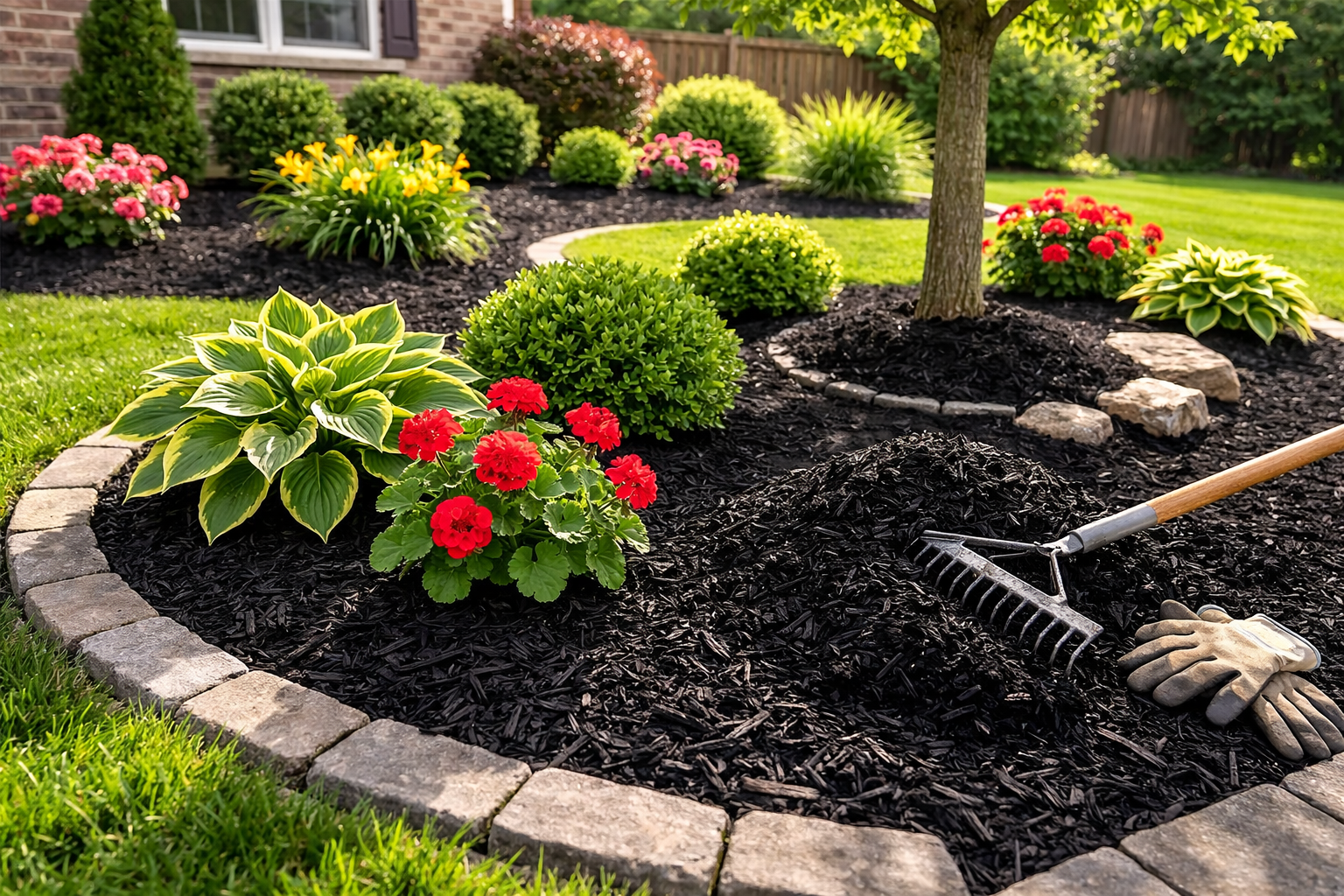 Black mulch garden bed with shrubs, flowers, and tree showing clean landscaping and weed control benefits