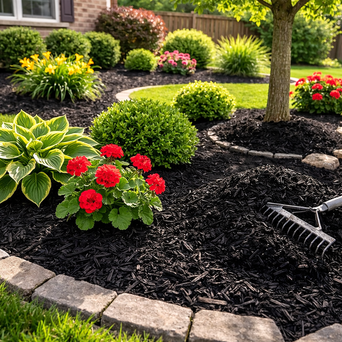 Black mulch garden bed with shrubs, flowers, and tree showing clean landscaping and weed control benefits