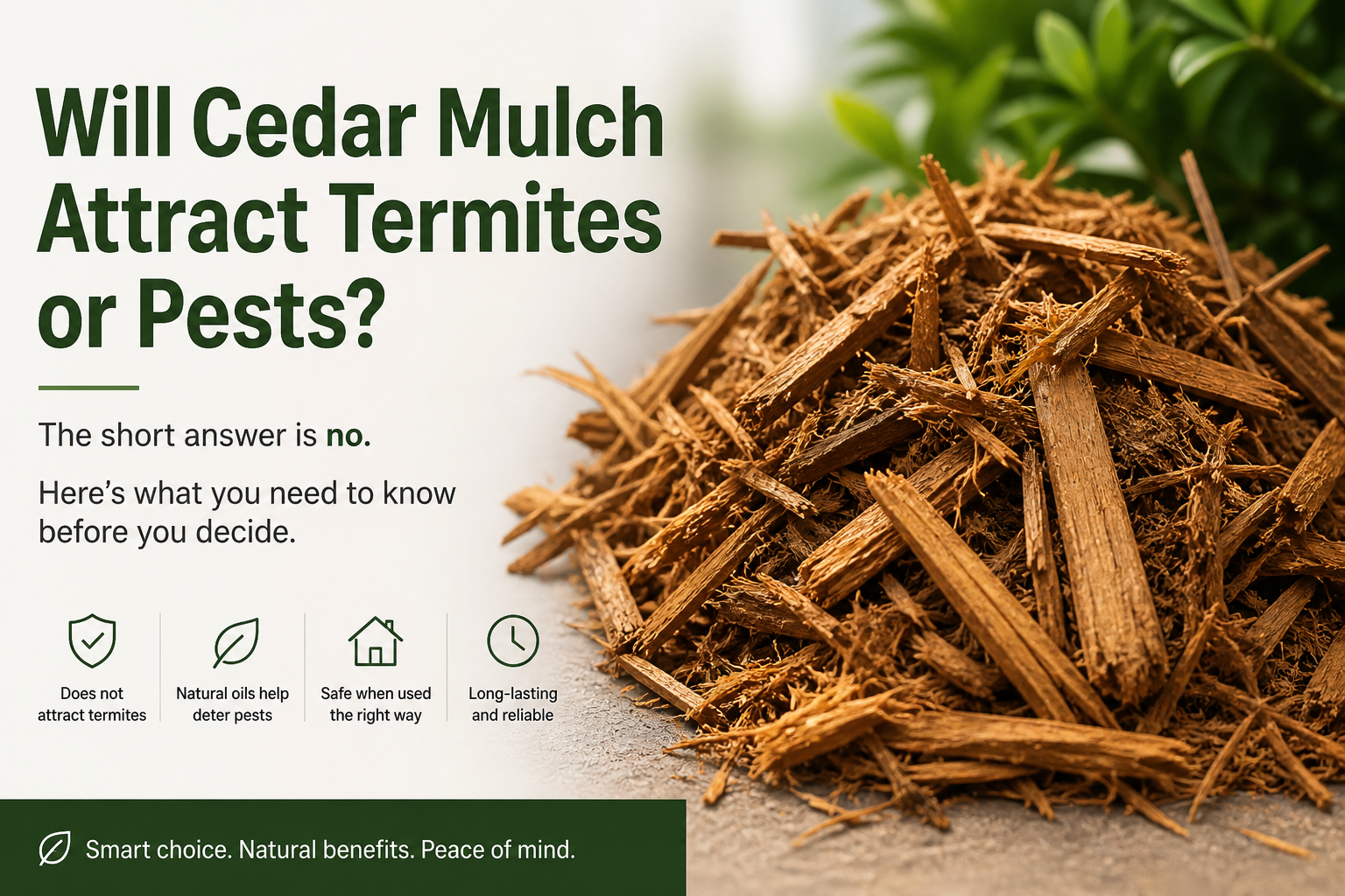 Cedar mulch in a garden bed does not attract termites or pests when placed away from the home
