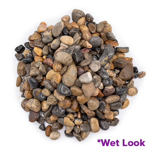 Round pile of multicolored pebbles with 'Wet Look' text on a white background